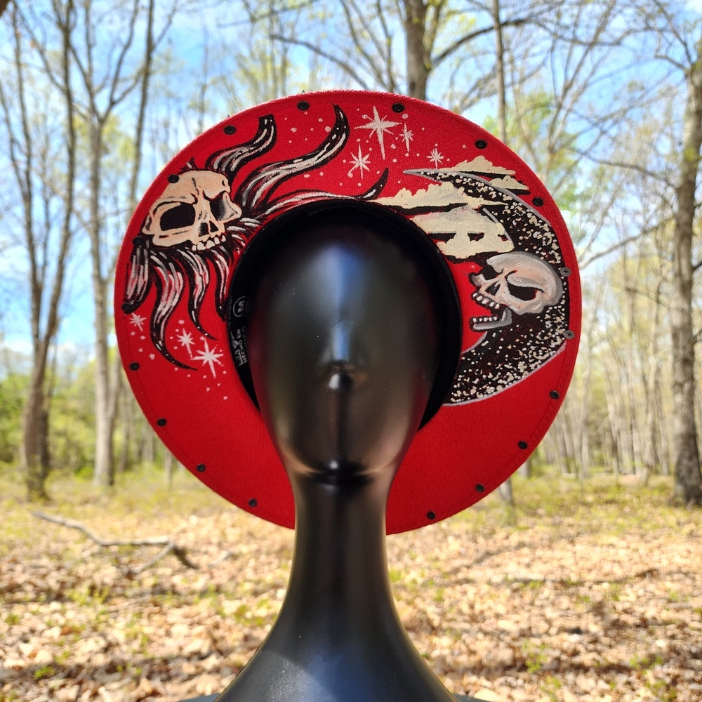 Summerween Sun Hat - Goth Alternative Sun & Moon Skull Studded Hand Painted
